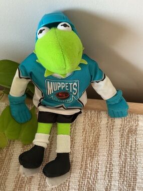Vintage Muppets Green Kermit Plush in Hockey Jersey with Skates